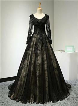 Picture of Pretty Black Color Long Sleeves Lace Prom Dresses, Black Color Evening Gown